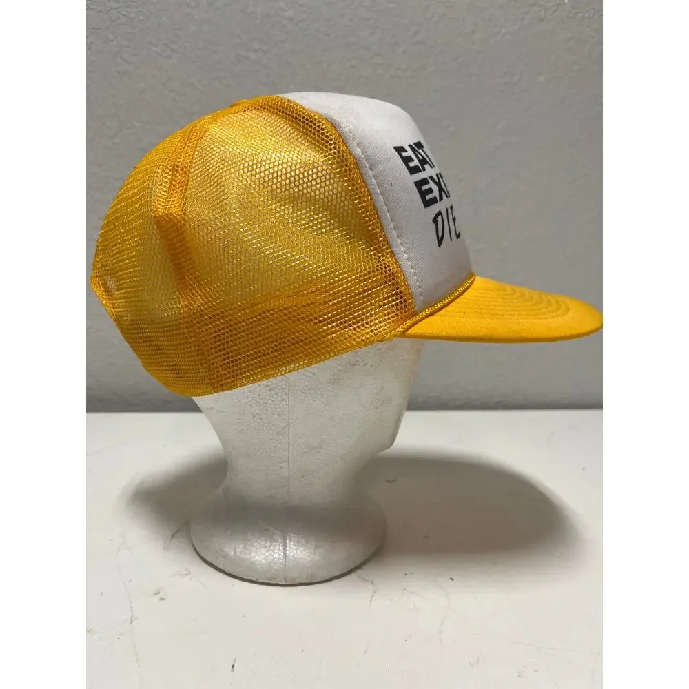 Vintage “EAT RIGHT. EXERCISE. DIE ANYWAY.” Snapback Trucker Hat Cap Yellow Mesh